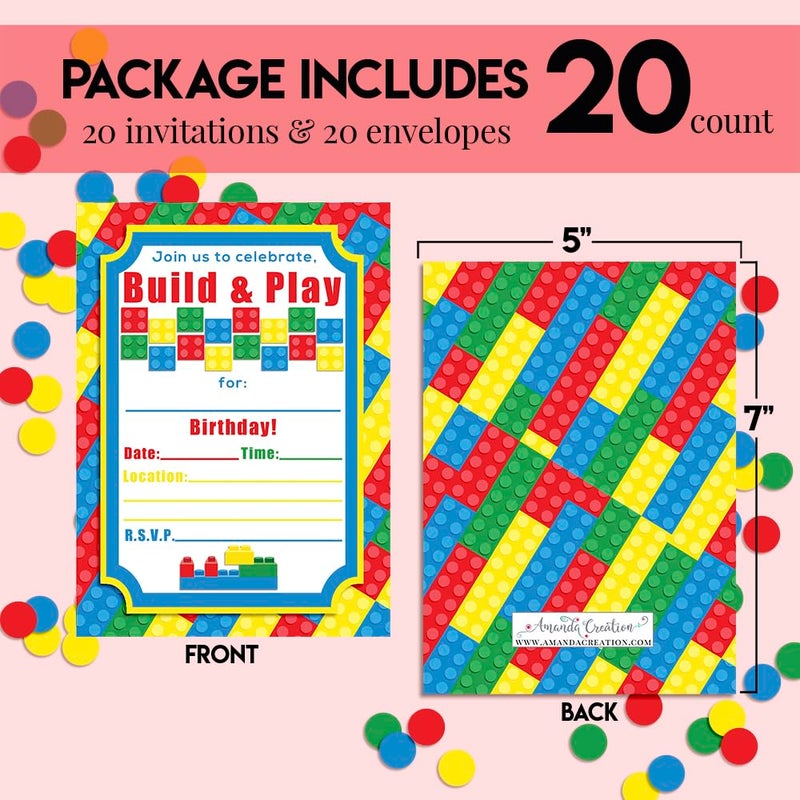 Amanda Creation Building Blocks Birthday Party Invitations, 20 5x7 Fill In Cards with Twenty White Envelopes by AmandaCreation - Image 5